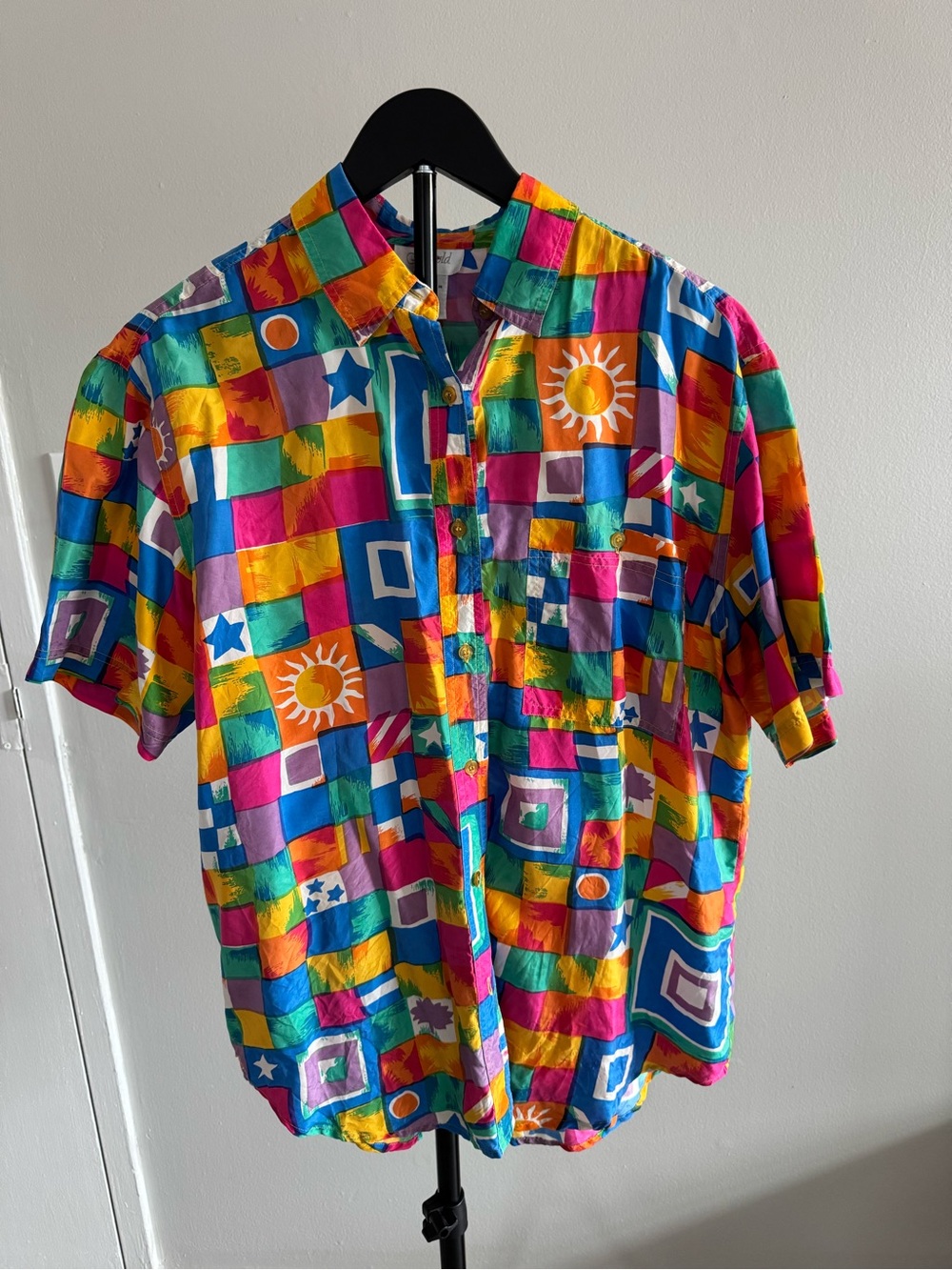 Vintage Harold’s Women’s Medium 100% Silk Colorful Geometric Button-Up Shirt